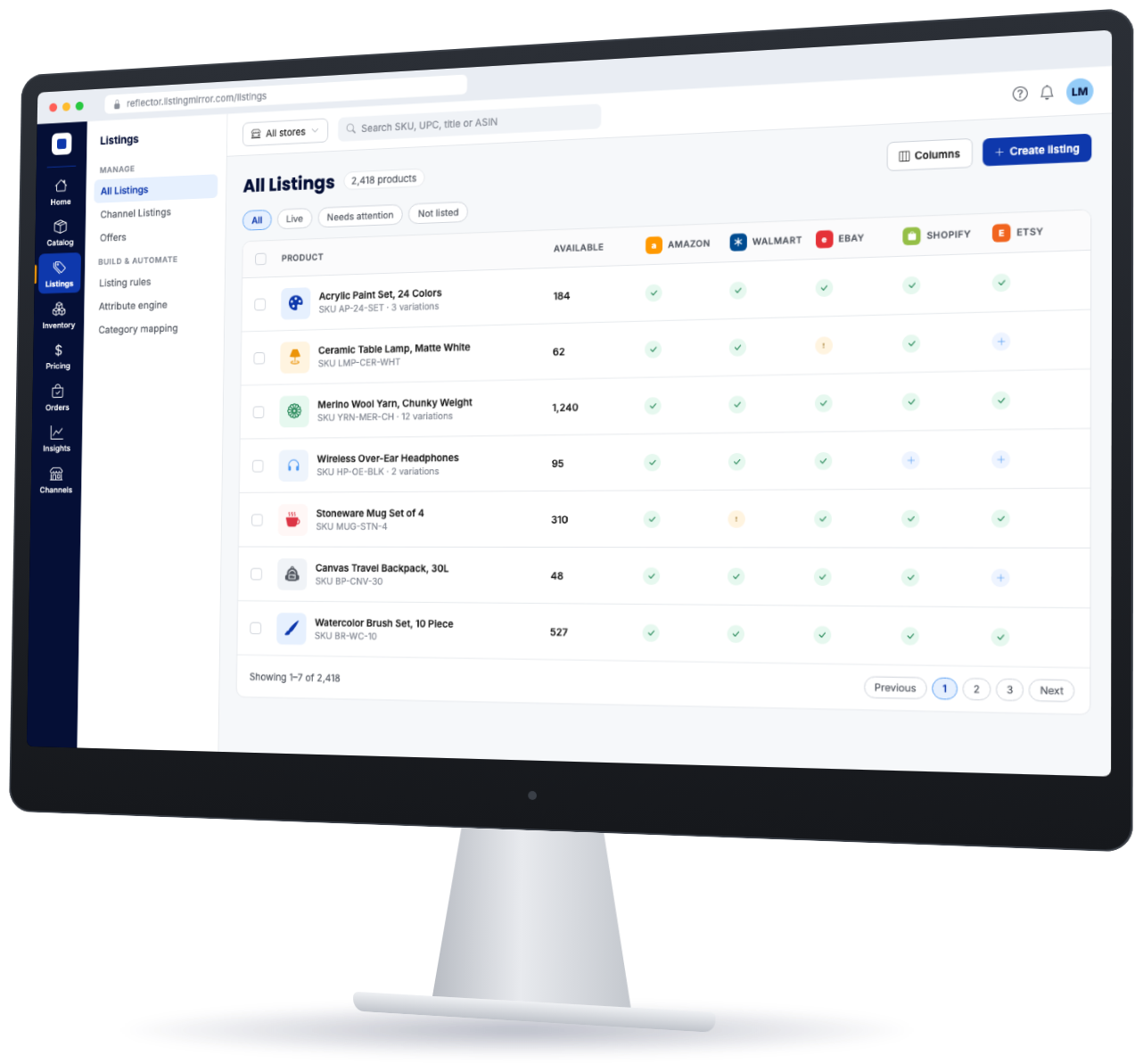 Listing Mirror All Listings screen showing products synced to Amazon, Walmart, eBay, Shopify and Etsy